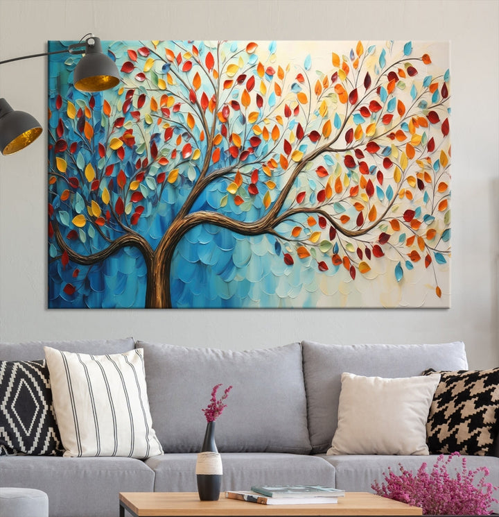 Tree Painting on Canvas Printed Wall Art Yellow Red Leaves Abstract Print