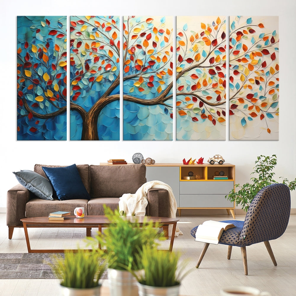 Tree Painting on Canvas Printed Wall Art Yellow Red Leaves Abstract Print