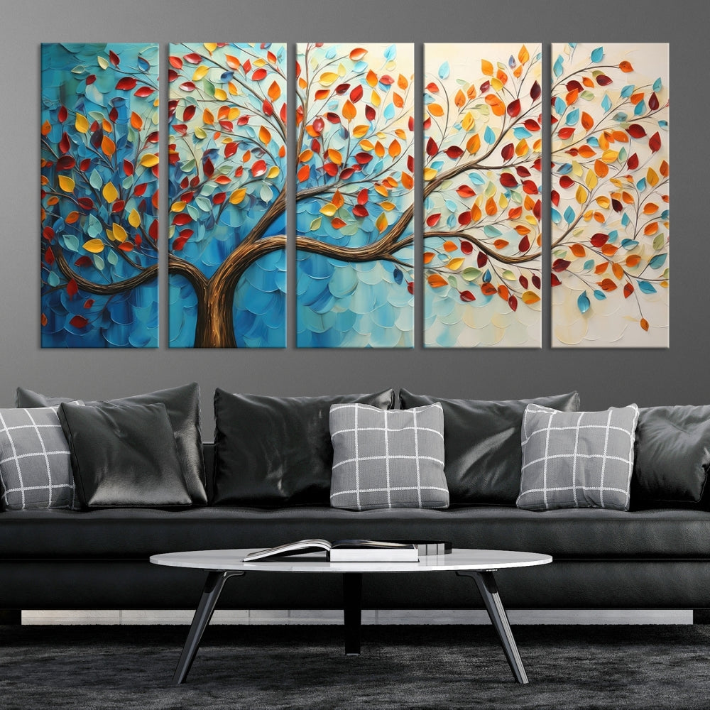 Tree Painting on Canvas Printed Wall Art Yellow Red Leaves Abstract Print