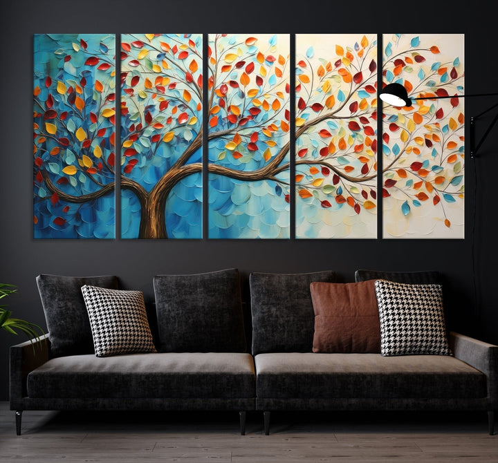 Tree Painting on Canvas Printed Wall Art Yellow Red Leaves Abstract Print