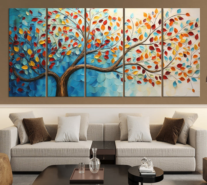 Tree Painting on Canvas Printed Wall Art Yellow Red Leaves Abstract Print