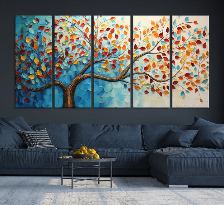 Tree Painting on Canvas Printed Wall Art Yellow Red Leaves Abstract Print