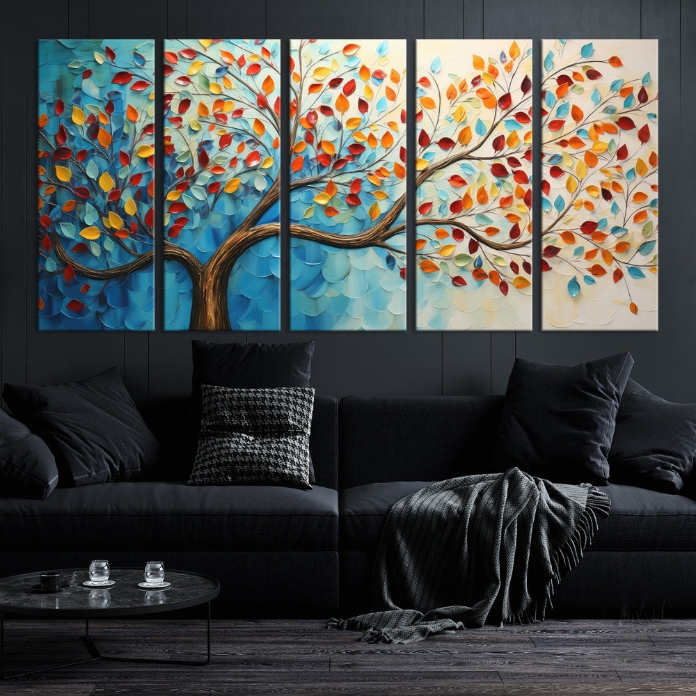 Tree Painting on Canvas Printed Wall Art Yellow Red Leaves Abstract Print