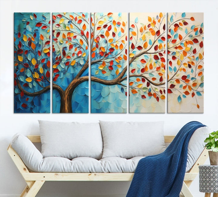 Tree Painting on Canvas Printed Wall Art Yellow Red Leaves Abstract Print