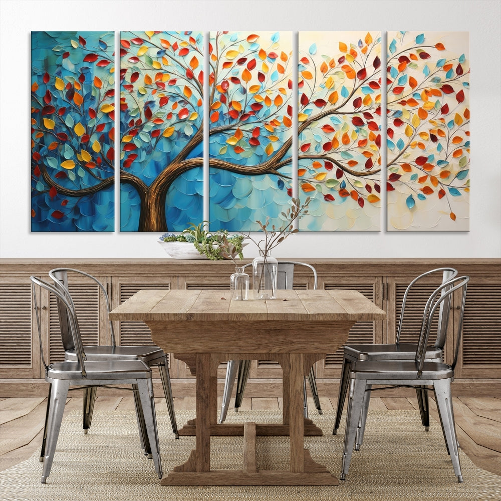 Tree Painting on Canvas Printed Wall Art Yellow Red Leaves Abstract Print