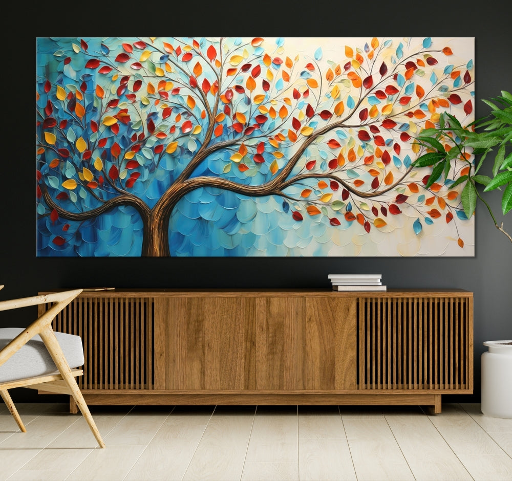 Tree Painting on Canvas Printed Wall Art Yellow Red Leaves Abstract Print