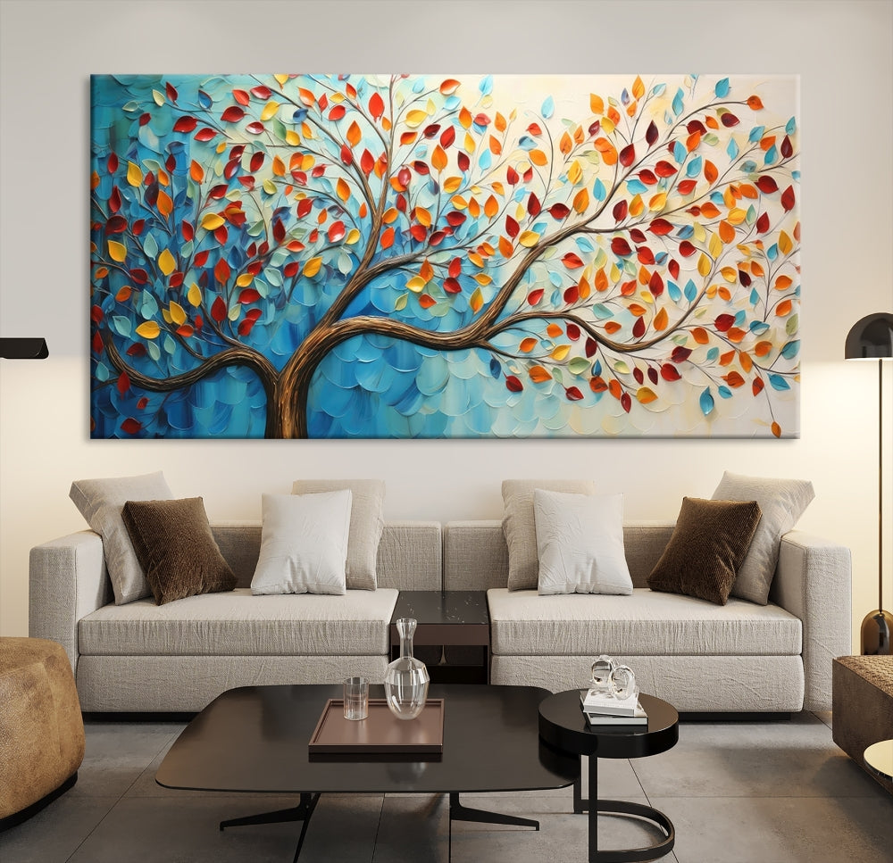 Tree Painting on Canvas Printed Wall Art Yellow Red Leaves Abstract Print