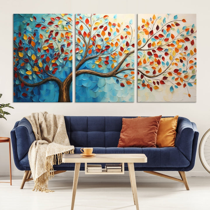 Tree Painting on Canvas Printed Wall Art Yellow Red Leaves Abstract Print