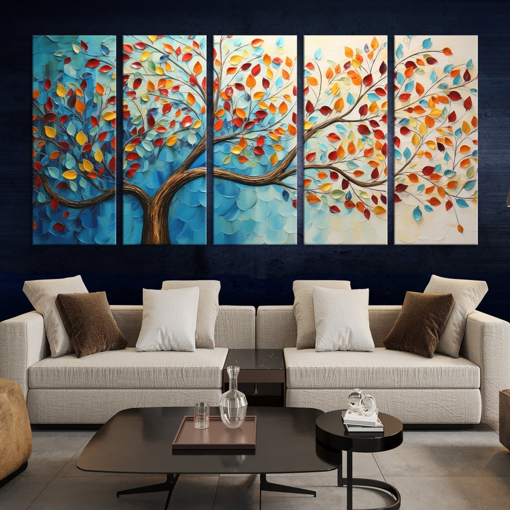 Tree Painting on Canvas Printed Wall Art Yellow Red Leaves Abstract Print