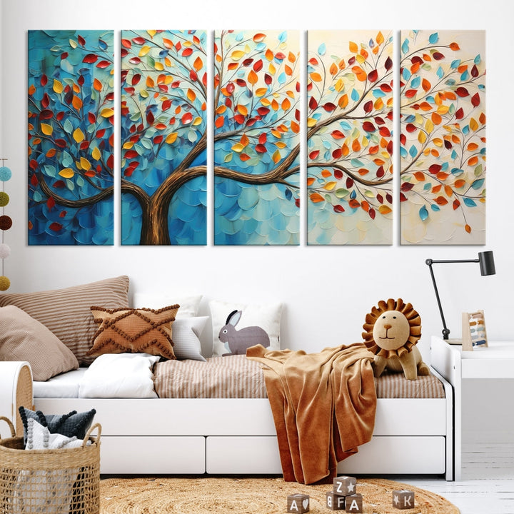 Tree Painting on Canvas Printed Wall Art Yellow Red Leaves Abstract Print