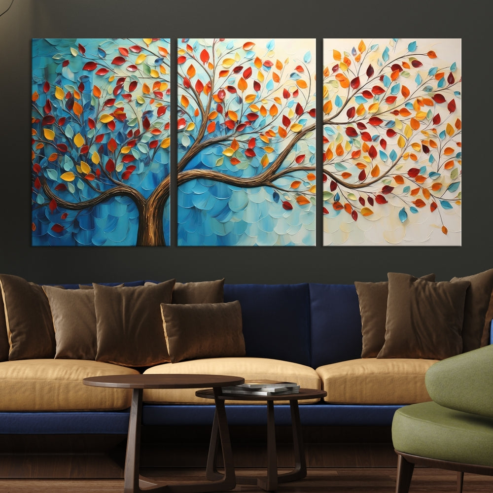 Tree Painting on Canvas Printed Wall Art Yellow Red Leaves Abstract Print