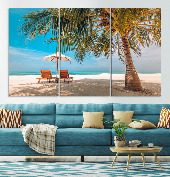 Tropical Beach Lounge Chairs Holiday Season Canvas Wall Art Giclee Print