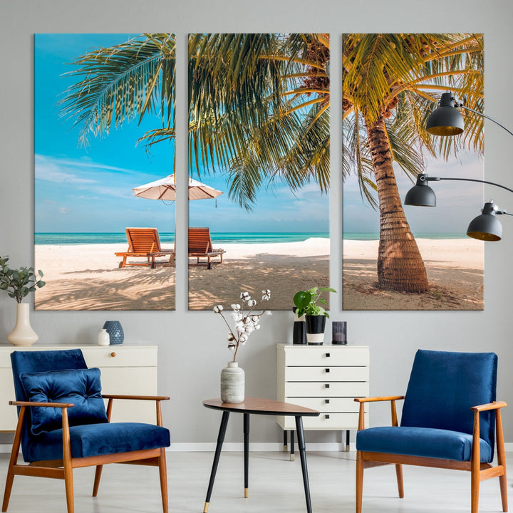 Tropical Beach Lounge Chairs Holiday Season Canvas Wall Art Giclee Print