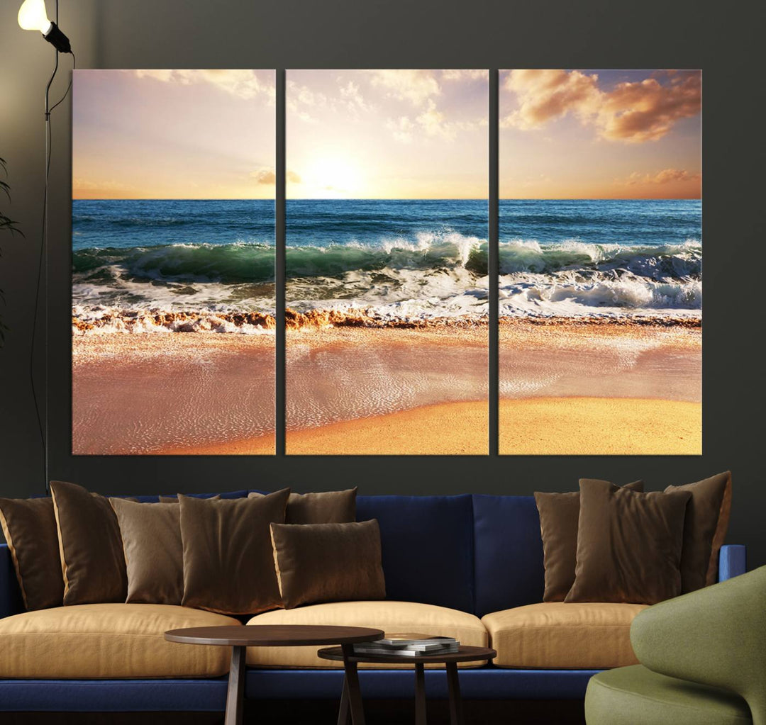 Tropical Beach Sunset Canvas Wall Art - Ocean Waves and Golden Sand, Ready to Hang Seaside Decor for Living Room, Bedroom, or Office