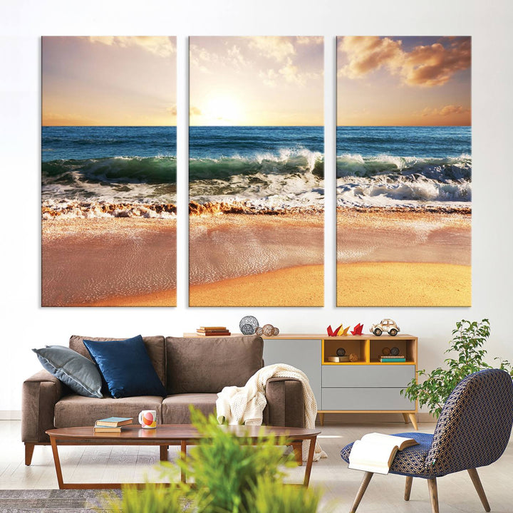 Tropical Beach Sunset Canvas Wall Art - Ocean Waves and Golden Sand, Ready to Hang Seaside Decor for Living Room, Bedroom, or Office