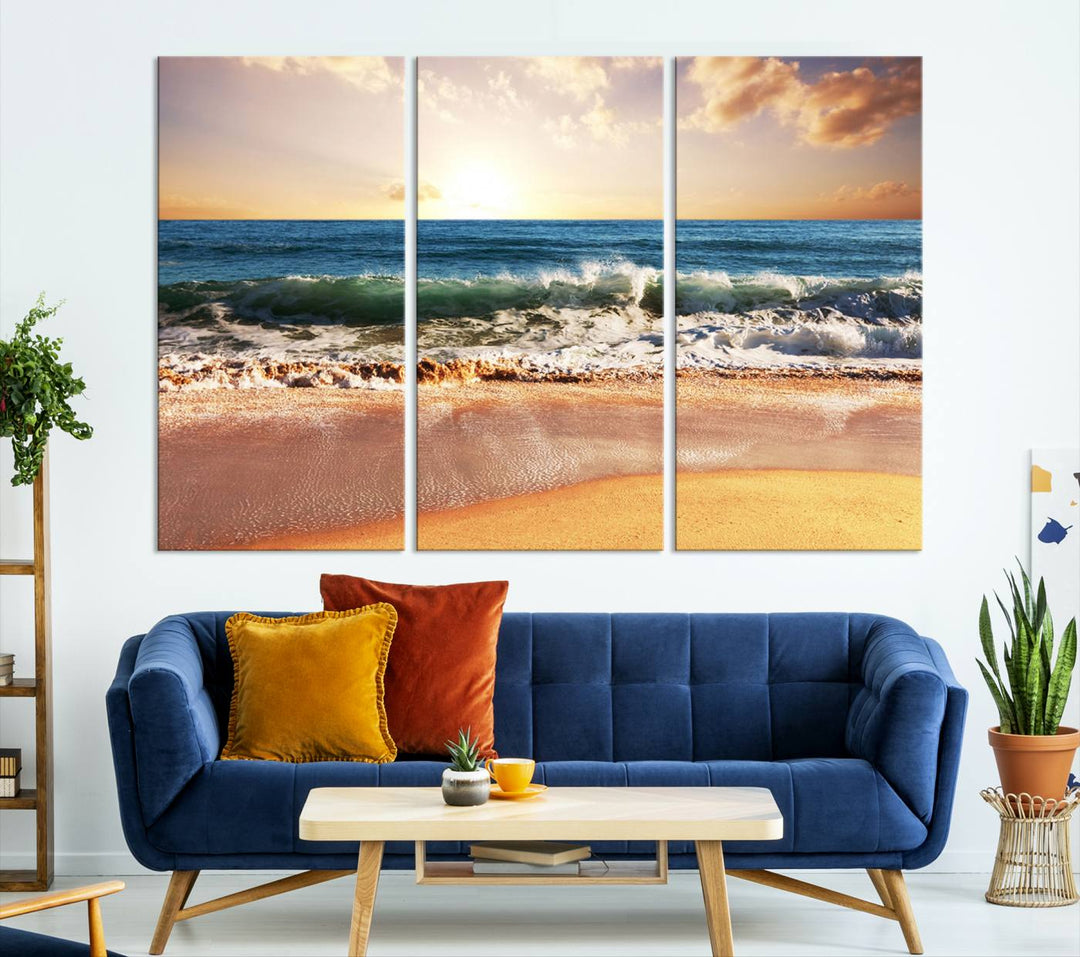 Tropical Beach Sunset Canvas Wall Art - Ocean Waves and Golden Sand, Ready to Hang Seaside Decor for Living Room, Bedroom, or Office