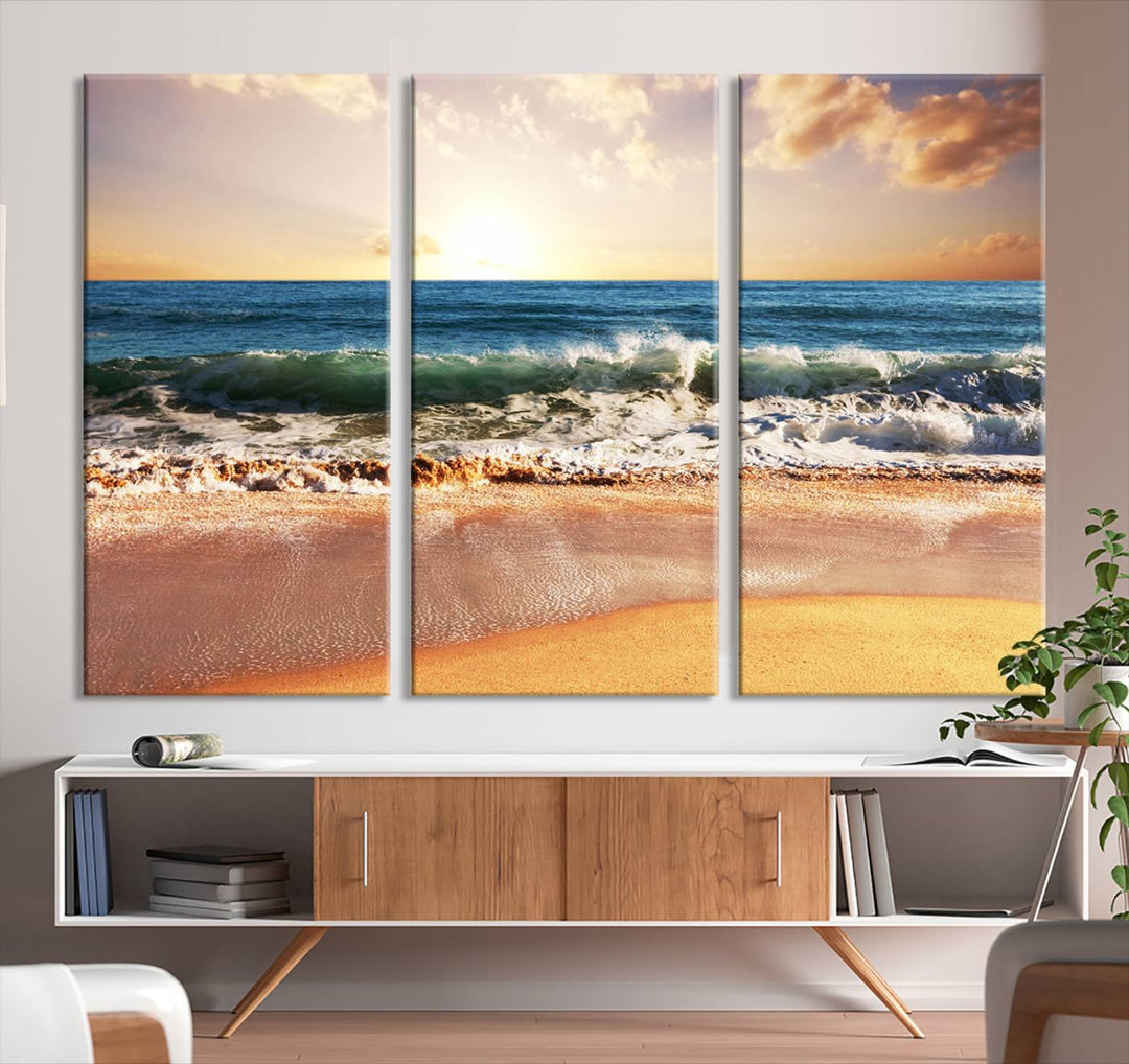 Tropical Beach Sunset Canvas Wall Art - Ocean Waves and Golden Sand, Ready to Hang Seaside Decor for Living Room, Bedroom, or Office