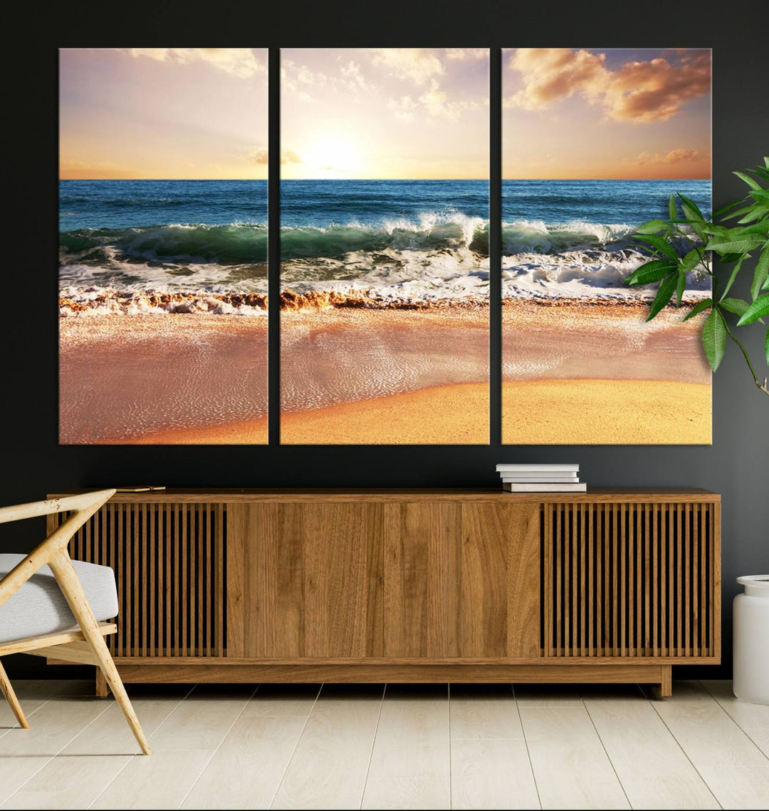 Tropical Beach Sunset Canvas Wall Art - Ocean Waves and Golden Sand, Ready to Hang Seaside Decor for Living Room, Bedroom, or Office