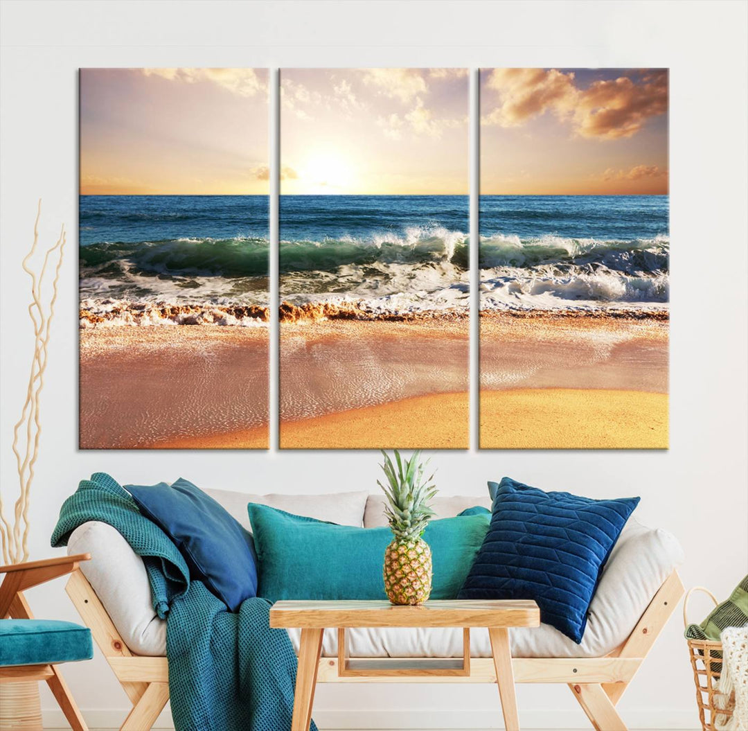 Tropical Beach Sunset Canvas Wall Art - Ocean Waves and Golden Sand, Ready to Hang Seaside Decor for Living Room, Bedroom, or Office