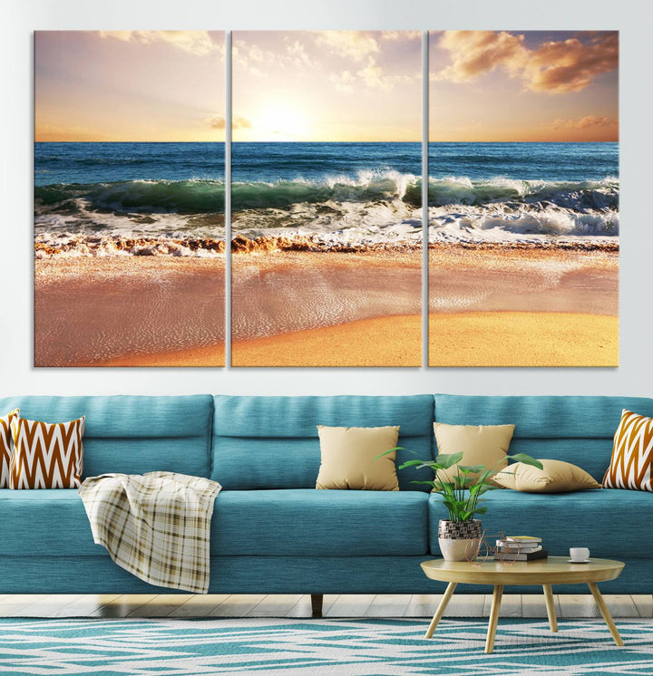 Tropical Beach Sunset Canvas Wall Art - Ocean Waves and Golden Sand, Ready to Hang Seaside Decor for Living Room, Bedroom, or Office