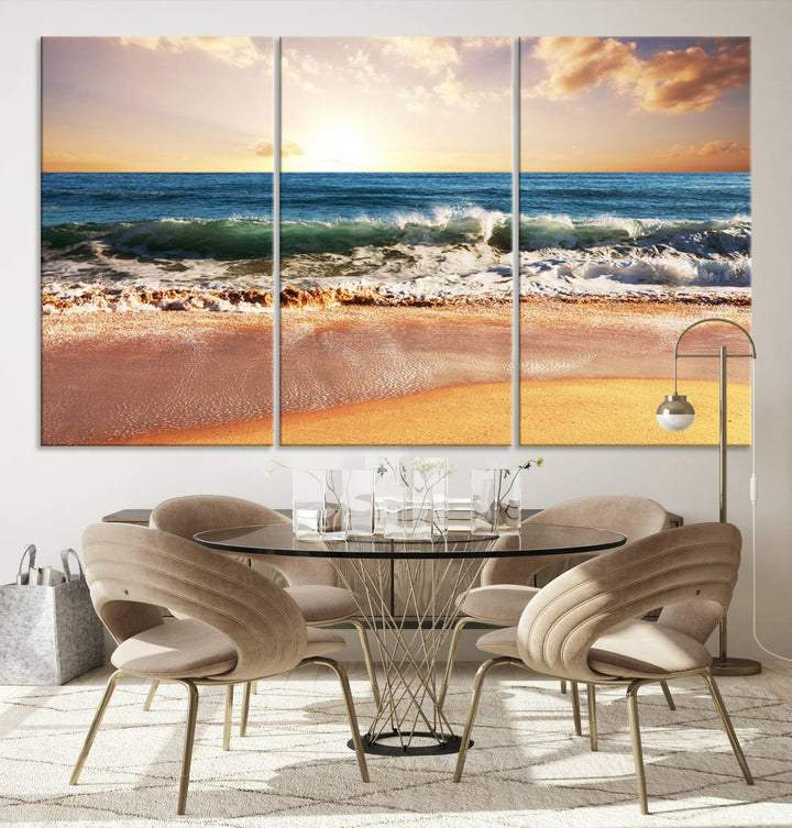 Tropical Beach Sunset Canvas Wall Art - Ocean Waves and Golden Sand, Ready to Hang Seaside Decor for Living Room, Bedroom, or Office