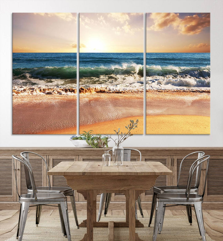 Tropical Beach Sunset Canvas Wall Art - Ocean Waves and Golden Sand, Ready to Hang Seaside Decor for Living Room, Bedroom, or Office