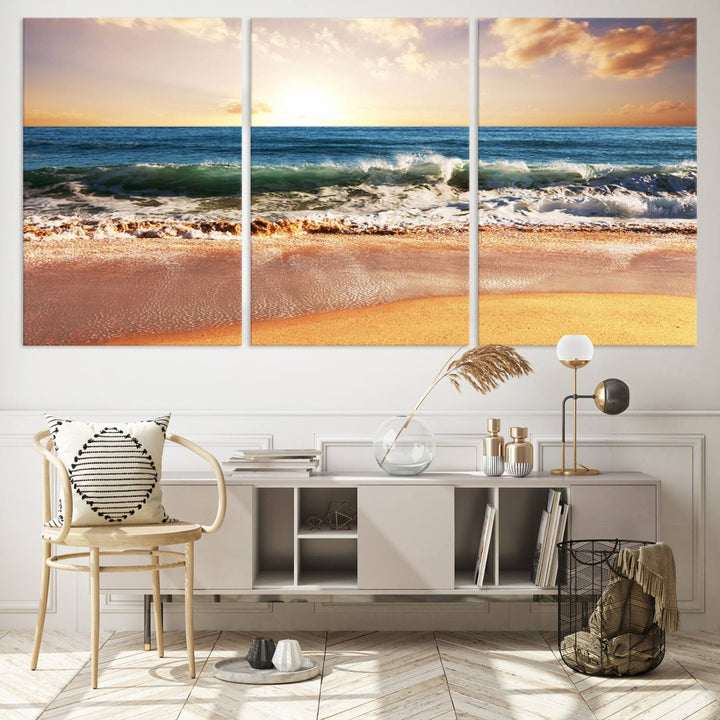 Tropical Beach Sunset Canvas Wall Art - Ocean Waves and Golden Sand, Ready to Hang Seaside Decor for Living Room, Bedroom, or Office