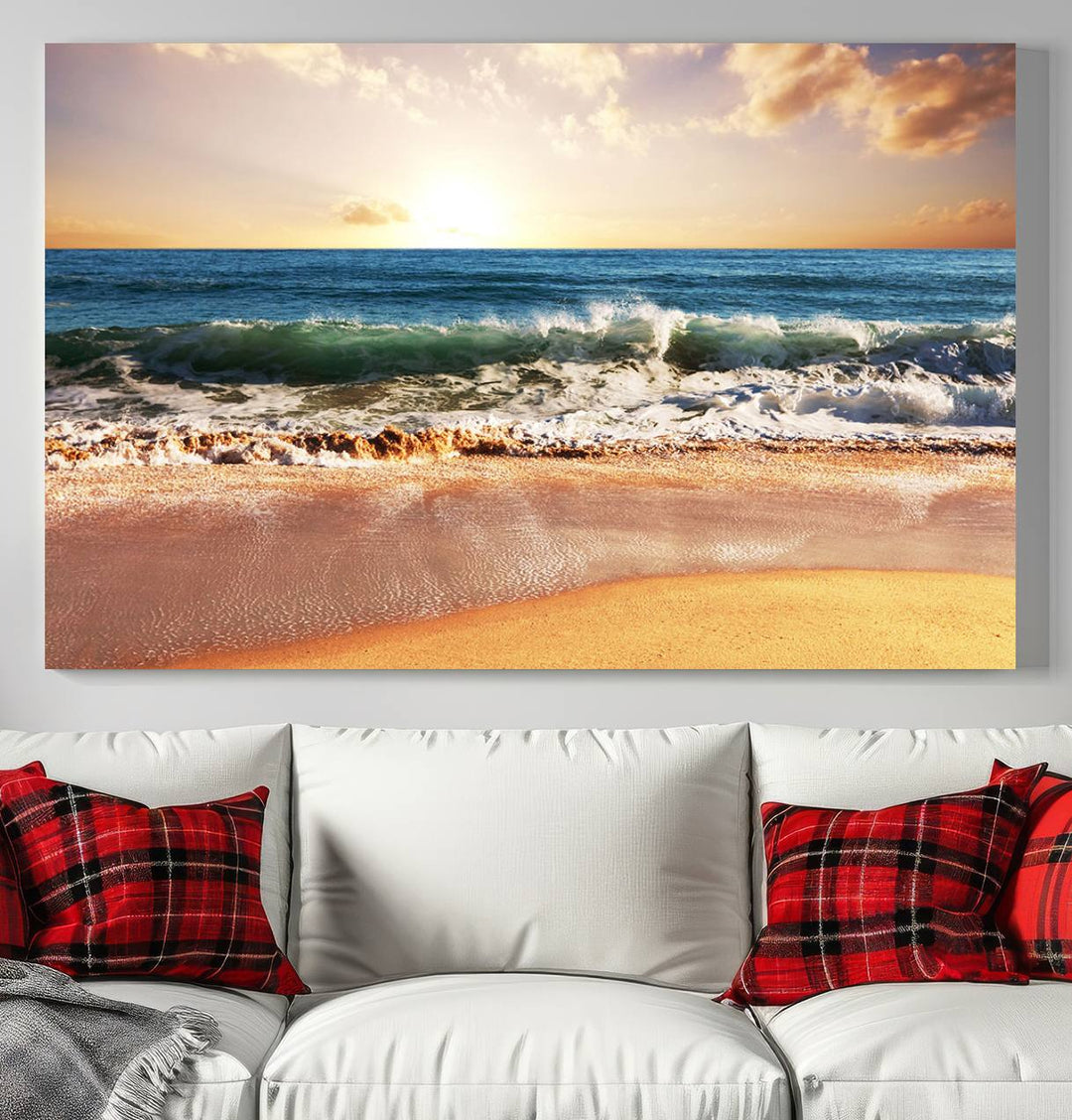 Tropical Beach Sunset Canvas Wall Art - Ocean Waves and Golden Sand, Ready to Hang Seaside Decor for Living Room, Bedroom, or Office