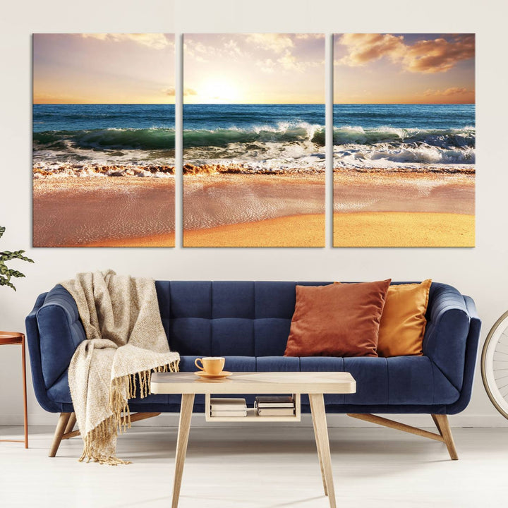 Tropical Beach Sunset Canvas Wall Art - Ocean Waves and Golden Sand, Ready to Hang Seaside Decor for Living Room, Bedroom, or Office