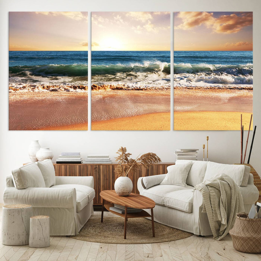 Tropical Beach Sunset Canvas Wall Art - Ocean Waves and Golden Sand, Ready to Hang Seaside Decor for Living Room, Bedroom, or Office