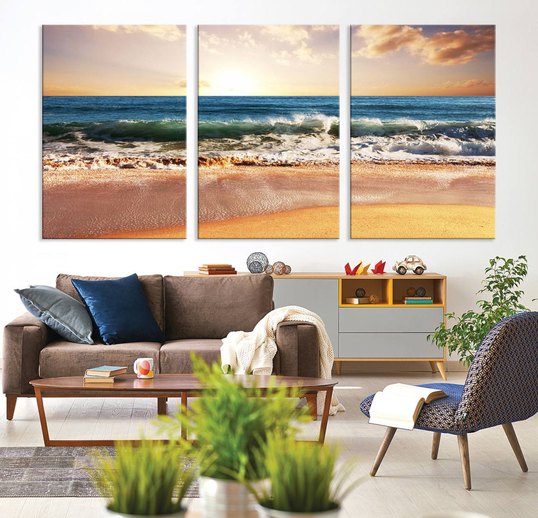 Tropical Beach Sunset Canvas Wall Art - Ocean Waves and Golden Sand, Ready to Hang Seaside Decor for Living Room, Bedroom, or Office