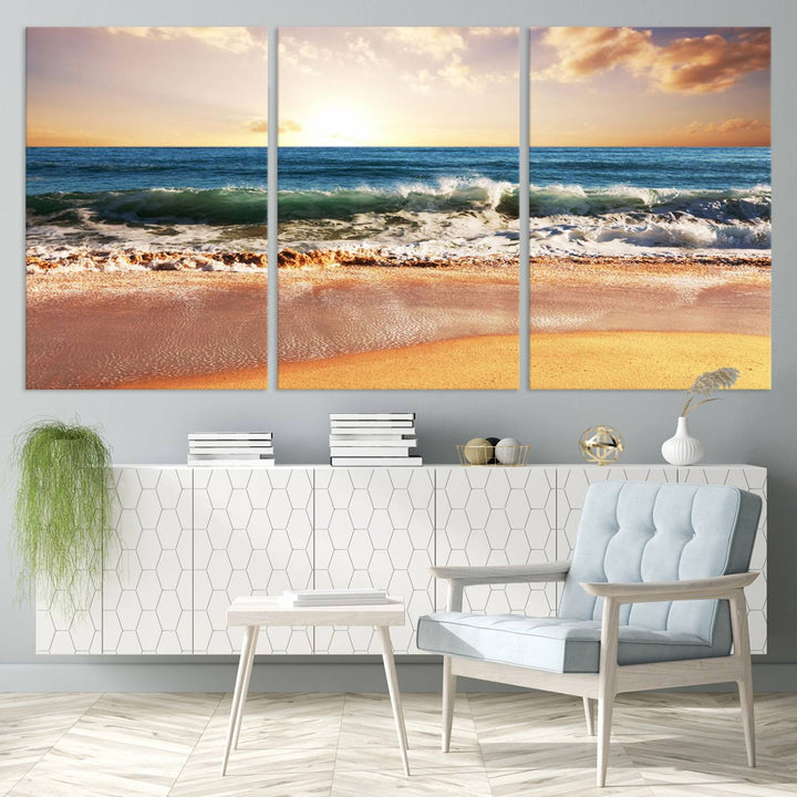 Tropical Beach Sunset Canvas Wall Art - Ocean Waves and Golden Sand, Ready to Hang Seaside Decor for Living Room, Bedroom, or Office