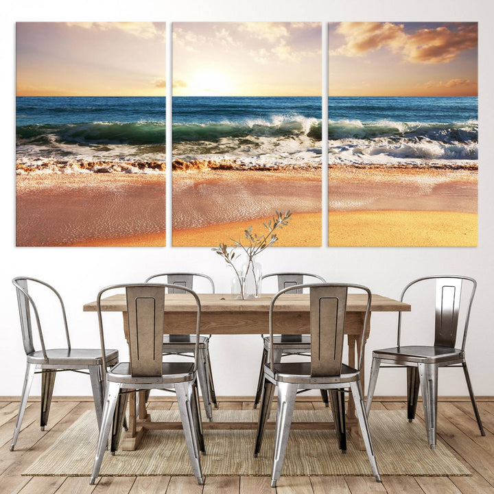 Tropical Beach Sunset Canvas Wall Art - Ocean Waves and Golden Sand, Ready to Hang Seaside Decor for Living Room, Bedroom, or Office