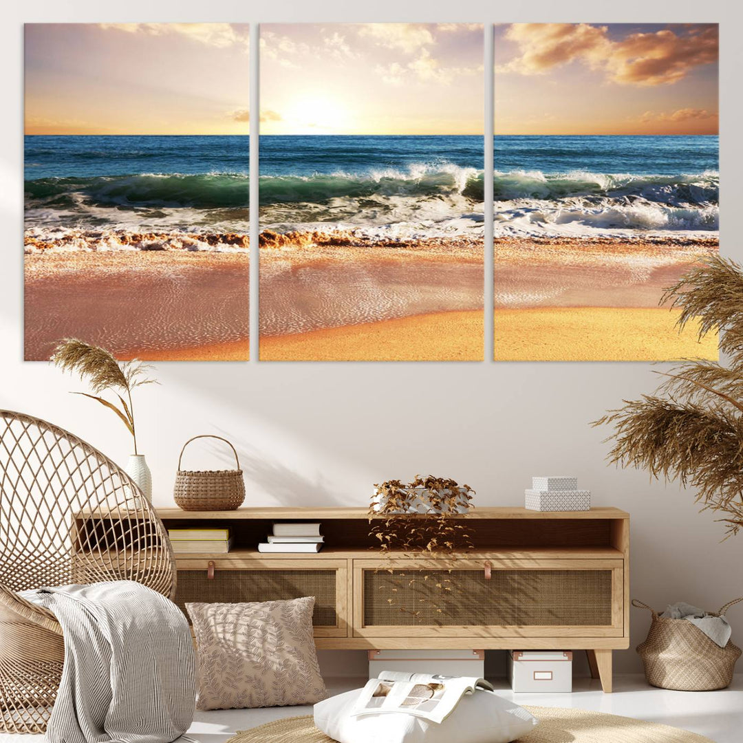 Tropical Beach Sunset Canvas Wall Art - Ocean Waves and Golden Sand, Ready to Hang Seaside Decor for Living Room, Bedroom, or Office