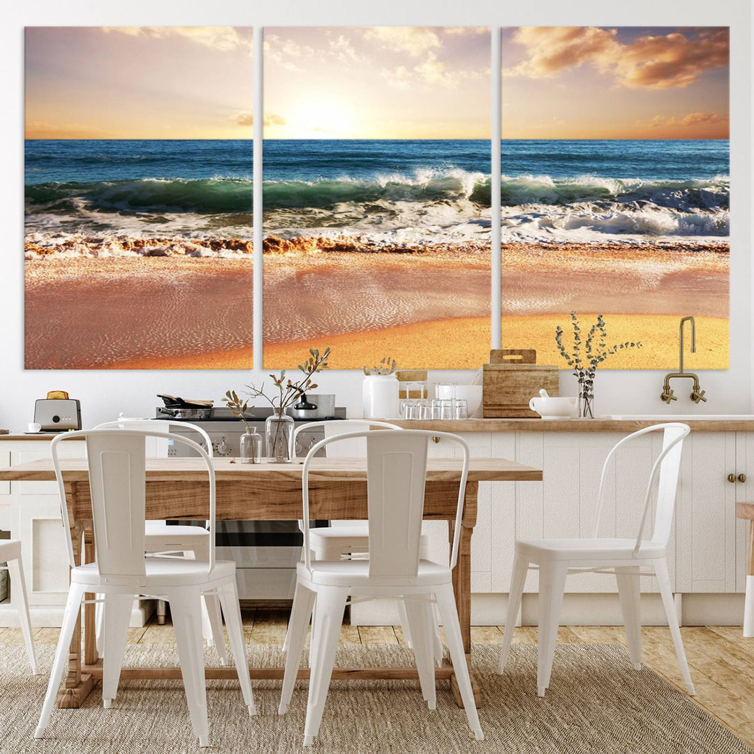 Tropical Beach Sunset Canvas Wall Art - Ocean Waves and Golden Sand, Ready to Hang Seaside Decor for Living Room, Bedroom, or Office