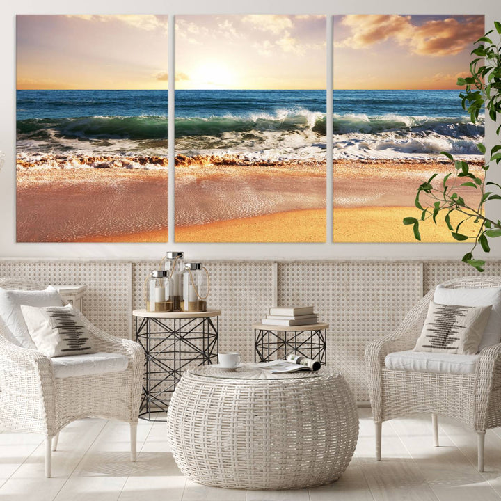 Tropical Beach Sunset Canvas Wall Art - Ocean Waves and Golden Sand, Ready to Hang Seaside Decor for Living Room, Bedroom, or Office