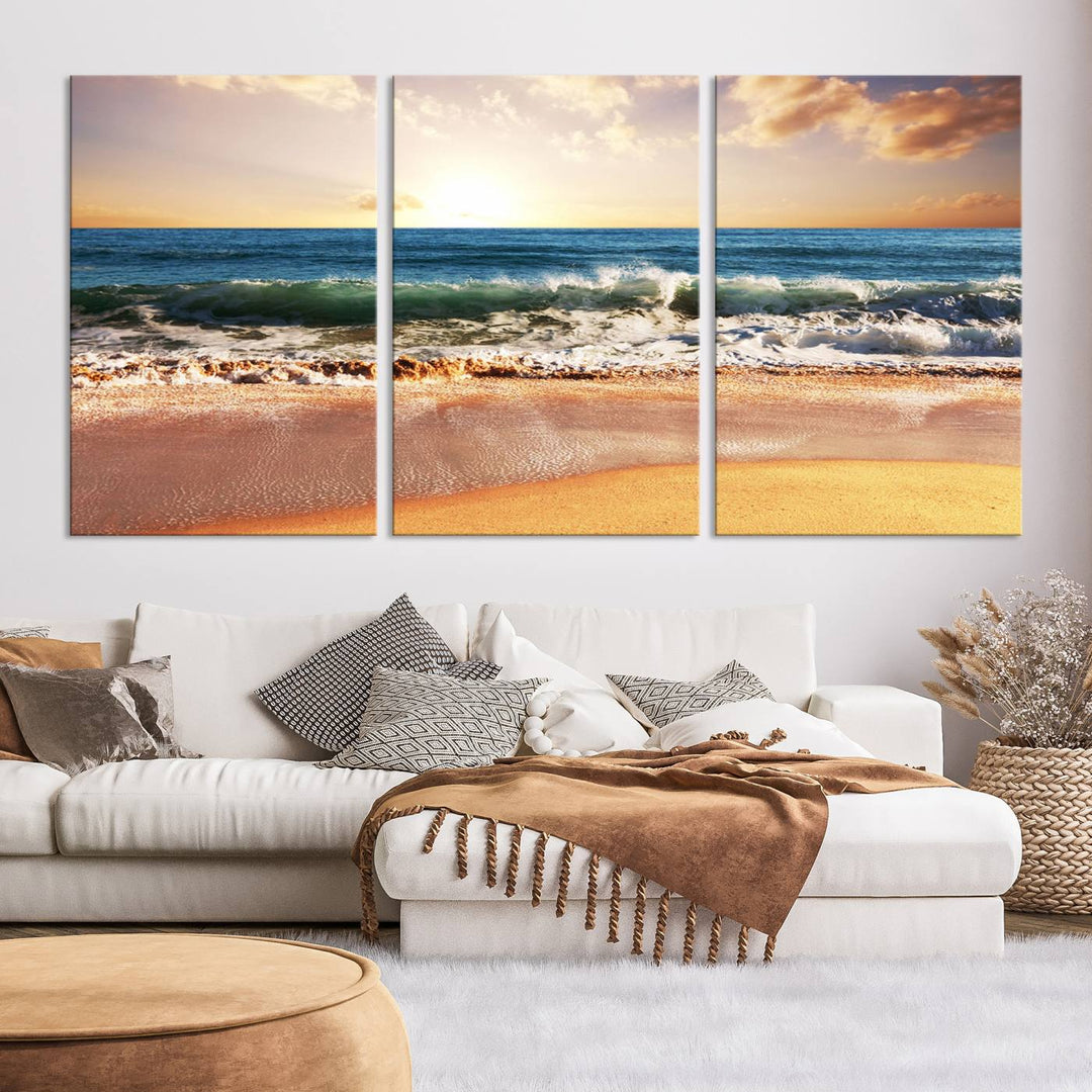 Tropical Beach Sunset Canvas Wall Art - Ocean Waves and Golden Sand, Ready to Hang Seaside Decor for Living Room, Bedroom, or Office