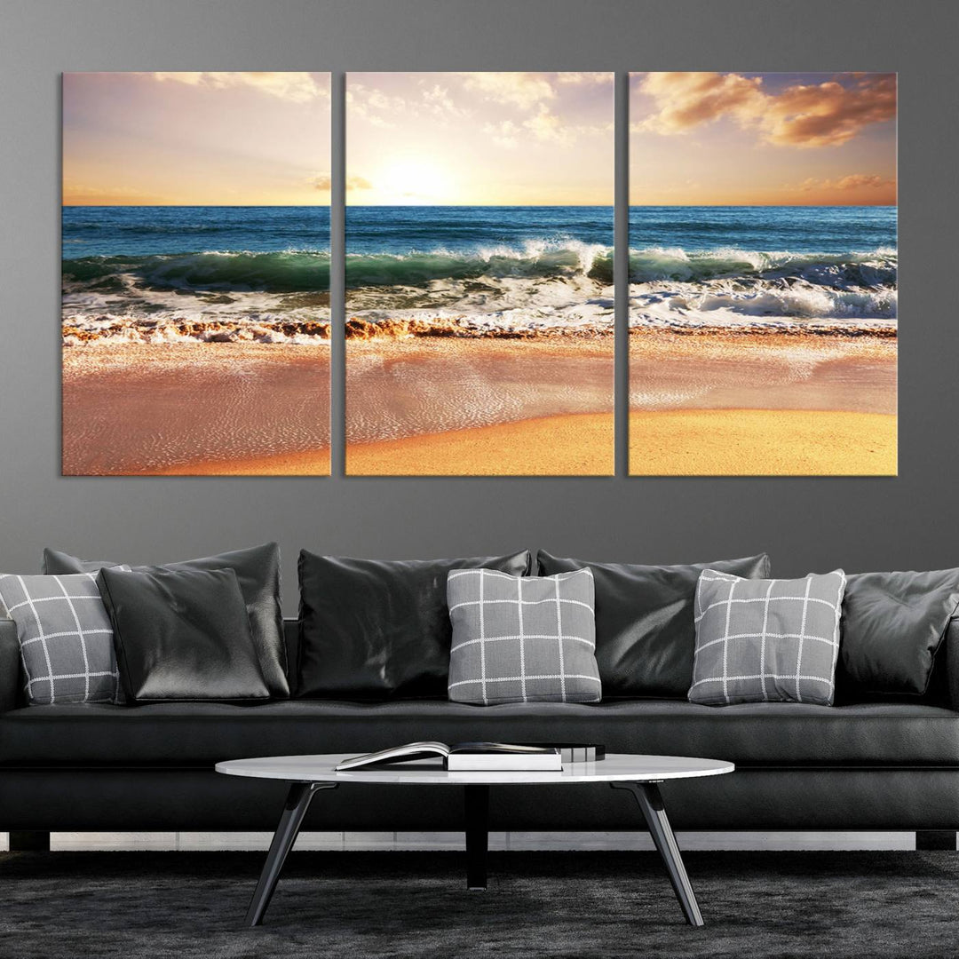 Tropical Beach Sunset Canvas Wall Art - Ocean Waves and Golden Sand, Ready to Hang Seaside Decor for Living Room, Bedroom, or Office