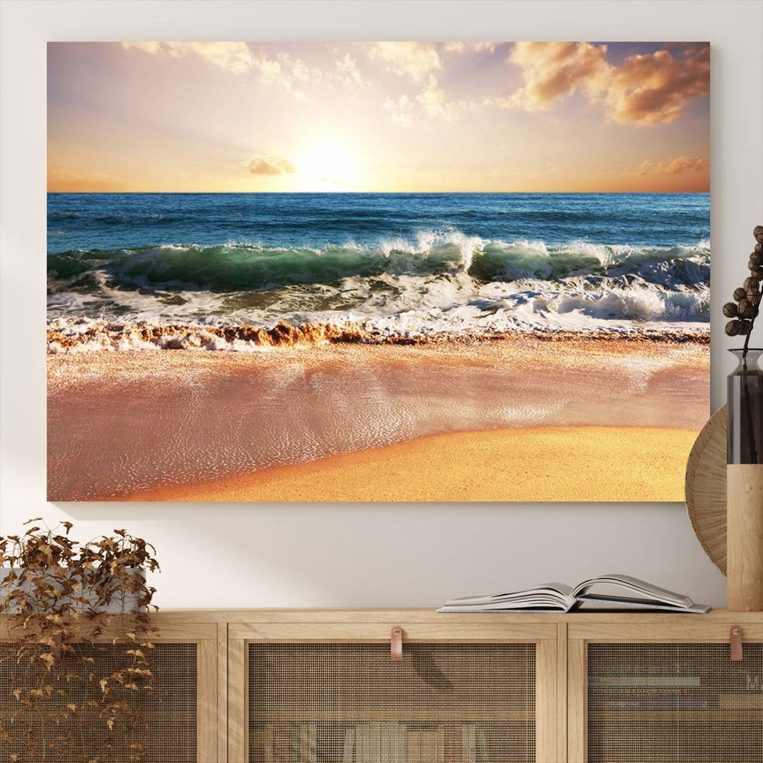 Tropical Beach Sunset Canvas Wall Art - Ocean Waves and Golden Sand, Ready to Hang Seaside Decor for Living Room, Bedroom, or Office