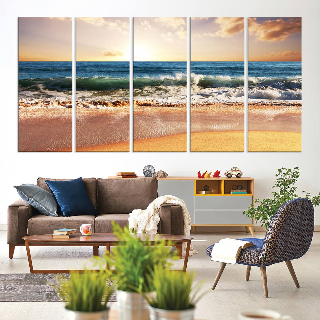 Tropical Beach Sunset Canvas Wall Art - Ocean Waves and Golden Sand, Ready to Hang Seaside Decor for Living Room, Bedroom, or Office