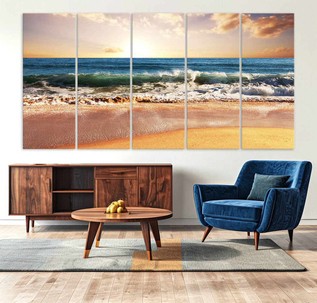 Tropical Beach Sunset Canvas Wall Art - Ocean Waves and Golden Sand, Ready to Hang Seaside Decor for Living Room, Bedroom, or Office