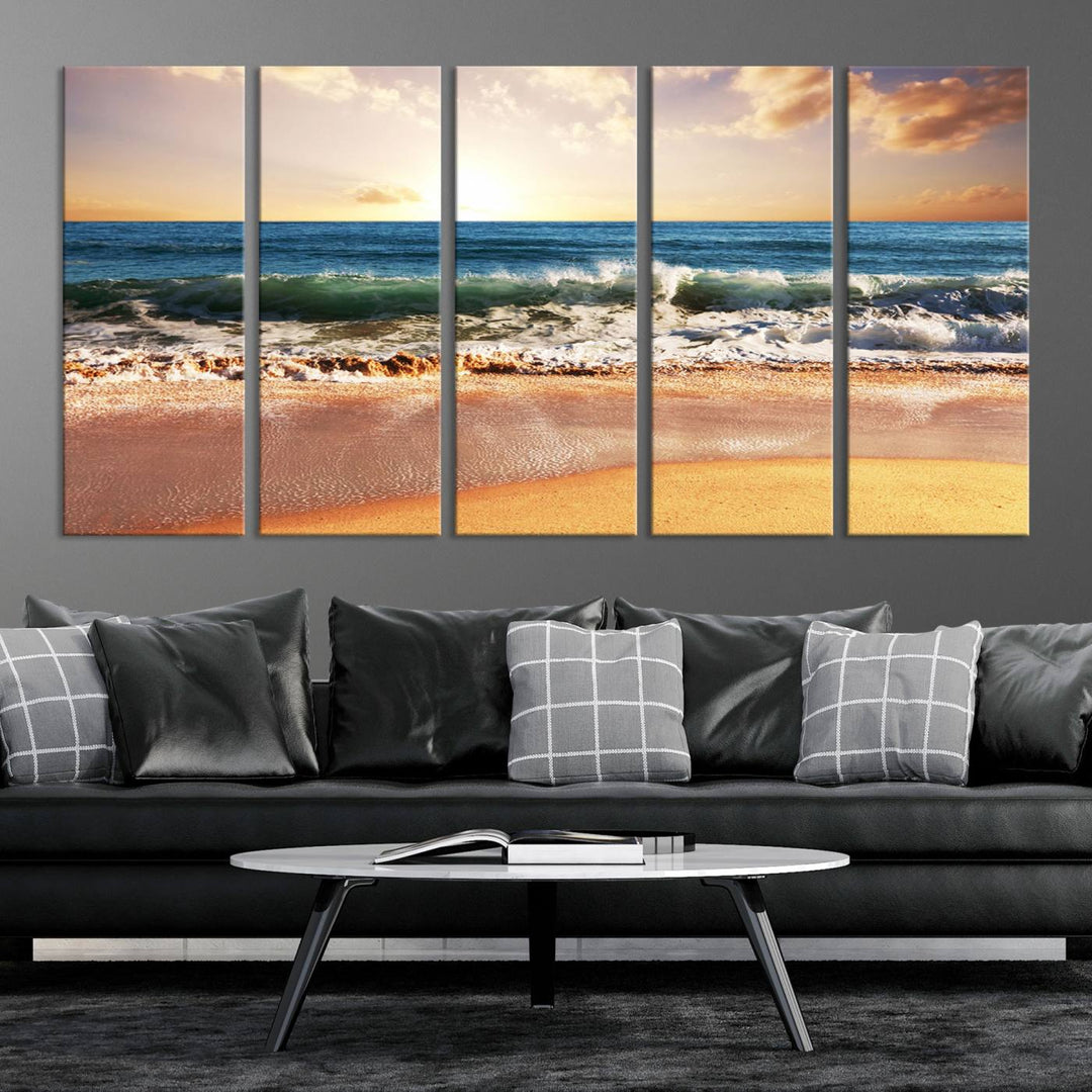 Tropical Beach Sunset Canvas Wall Art - Ocean Waves and Golden Sand, Ready to Hang Seaside Decor for Living Room, Bedroom, or Office