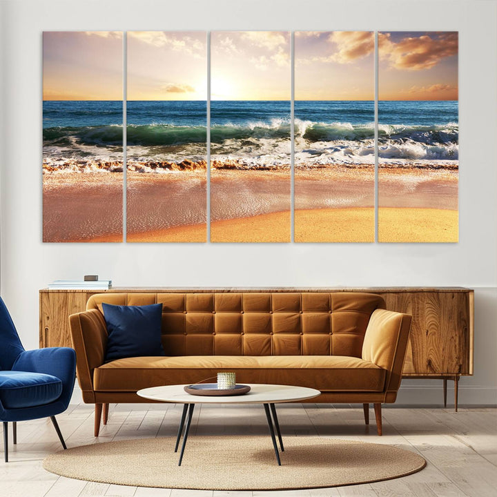 Tropical Beach Sunset Canvas Wall Art - Ocean Waves and Golden Sand, Ready to Hang Seaside Decor for Living Room, Bedroom, or Office