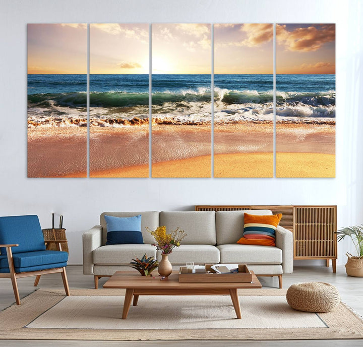 Tropical Beach Sunset Canvas Wall Art - Ocean Waves and Golden Sand, Ready to Hang Seaside Decor for Living Room, Bedroom, or Office