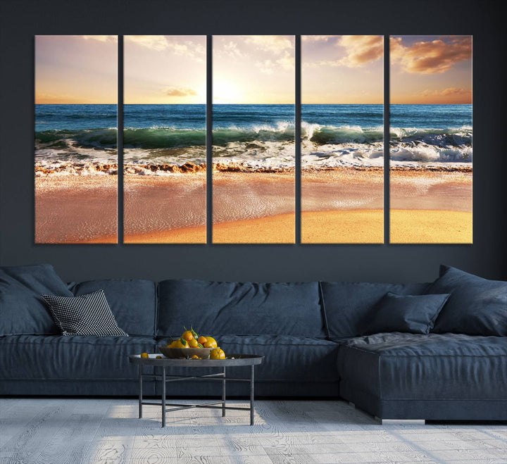 Tropical Beach Sunset Canvas Wall Art - Ocean Waves and Golden Sand, Ready to Hang Seaside Decor for Living Room, Bedroom, or Office