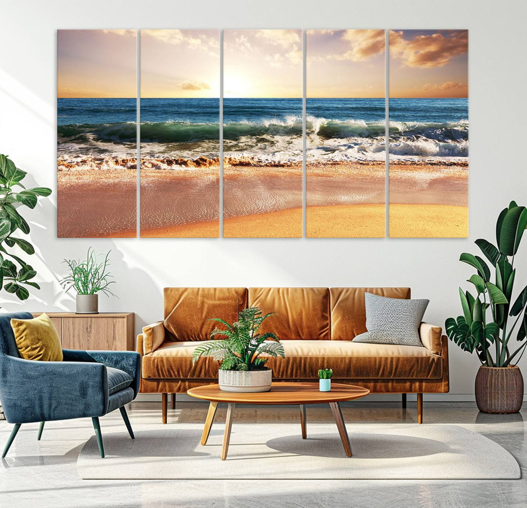 Tropical Beach Sunset Canvas Wall Art - Ocean Waves and Golden Sand, Ready to Hang Seaside Decor for Living Room, Bedroom, or Office