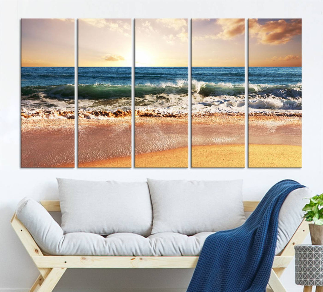 Tropical Beach Sunset Canvas Wall Art - Ocean Waves and Golden Sand, Ready to Hang Seaside Decor for Living Room, Bedroom, or Office