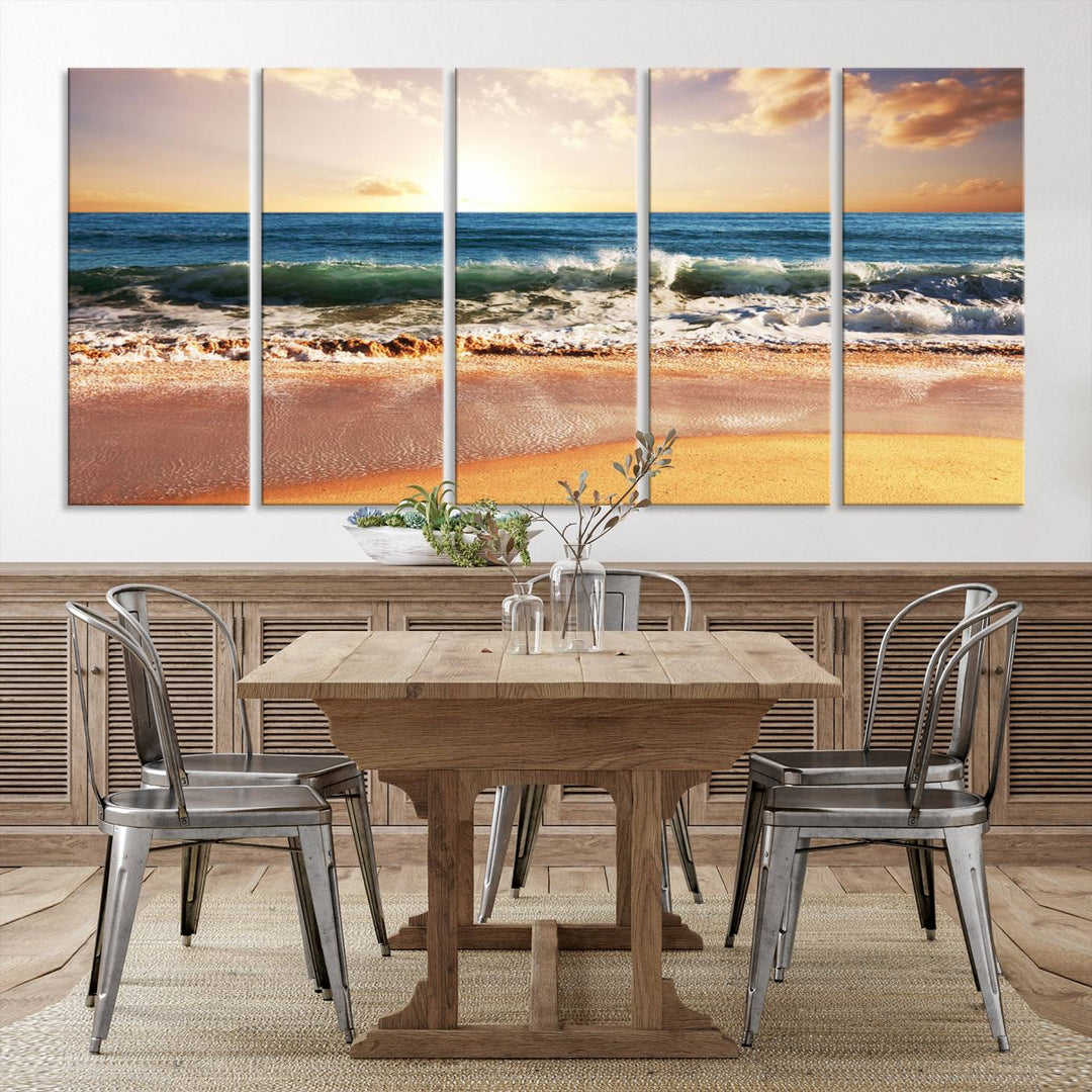 Tropical Beach Sunset Canvas Wall Art - Ocean Waves and Golden Sand, Ready to Hang Seaside Decor for Living Room, Bedroom, or Office