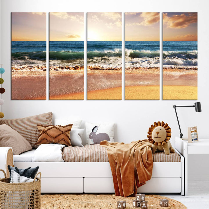 Tropical Beach Sunset Canvas Wall Art - Ocean Waves and Golden Sand, Ready to Hang Seaside Decor for Living Room, Bedroom, or Office