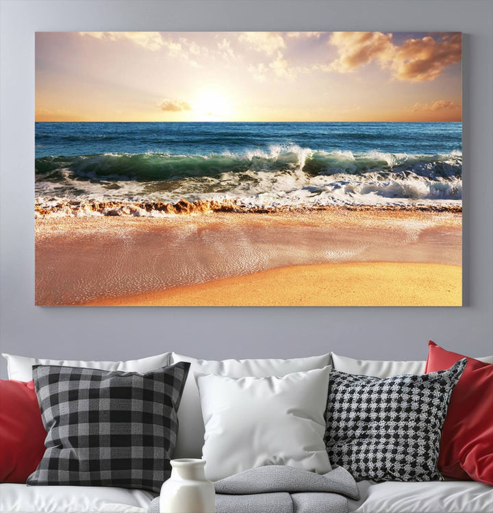 Tropical Beach Sunset Canvas Wall Art - Ocean Waves and Golden Sand, Ready to Hang Seaside Decor for Living Room, Bedroom, or Office